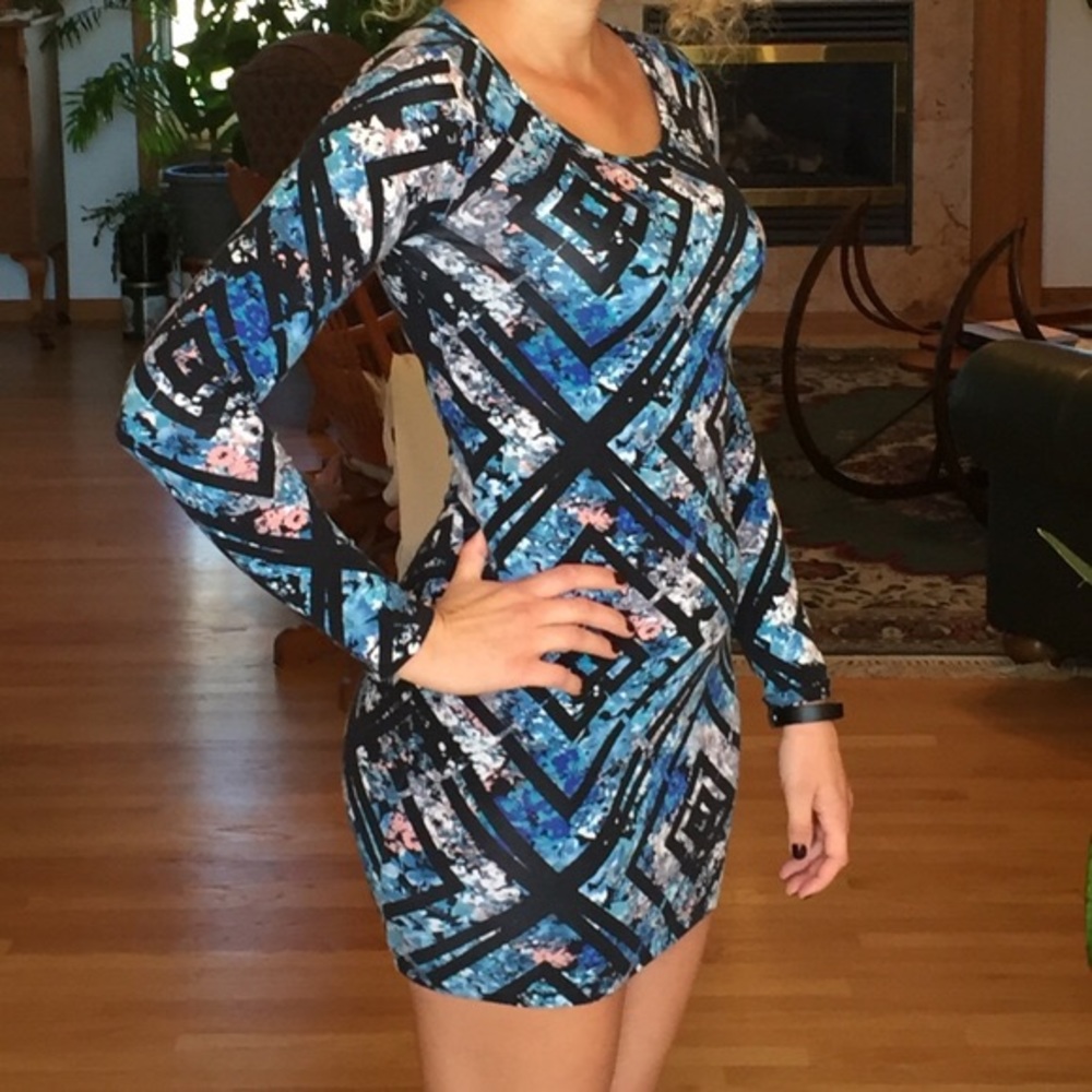 Blue Black Pattern Long Sleeve Bodycon Dress